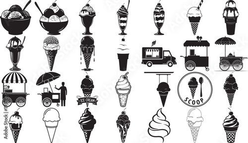 Whimsical Ice Cream Characters and Treats, fun line art collection for a playful summer theme, including ice cream trucks and shops.