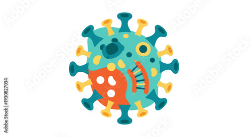 A colorful, stylized illustration of a virus particle, depicting its structure with spikes and internal components, set against a white background.