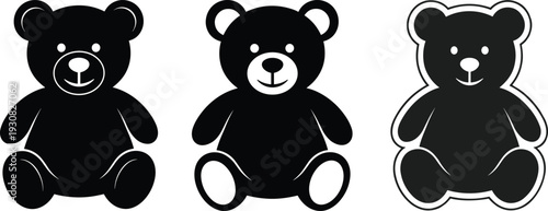 Cute Teddy Bear Silhouette Set, Cartoon Plush Toy Icons in Black and White Vector Illustration Isolated on White Background for Kids Design
