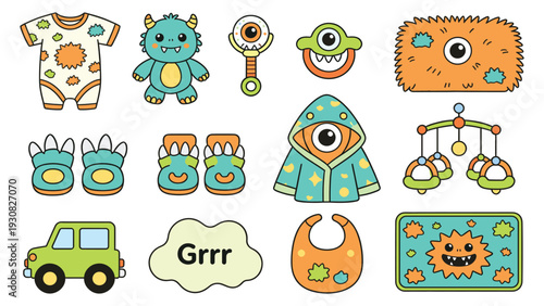 Cute baby stickers collection with toys clothes and accessories for nursery decoration featuring adorable cartoon characters and playful designs for kids