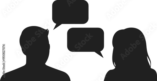 Communication concept silhouette, man and woman talking with speech bubbles, dialogue conversation discussion icon vector illustration isolated