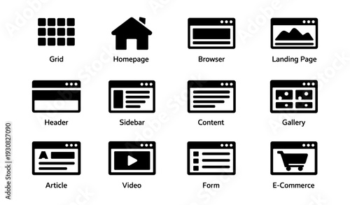 Web icons set: grid, homepage, browser, landing page, header, sidebar, content, gallery