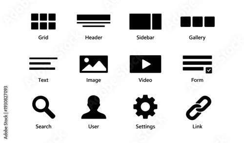 Collection of black website interface icons: grid, header, sidebar, gallery, text, image, video, form