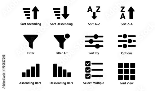 Icon set: sorting and filtering symbols for ui design