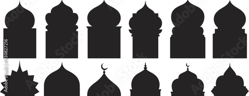 Islamic mosque dome silhouette collection with traditional Arabic architecture elements, black flat vector illustration set