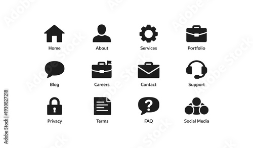 Set of black icon set for web and mobile: home, about, services, portfolio, blog, careers