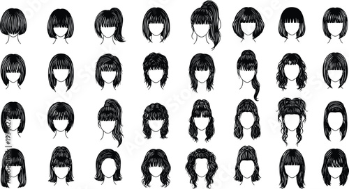 Collection of women hairstyle silhouettes, black vector hair icons showing bangs, ponytails, buns, curls, short and long styles illustration