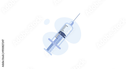 A close-up illustration of a medical syringe filled with clear liquid, set against a soft blue background with abstract shapes.