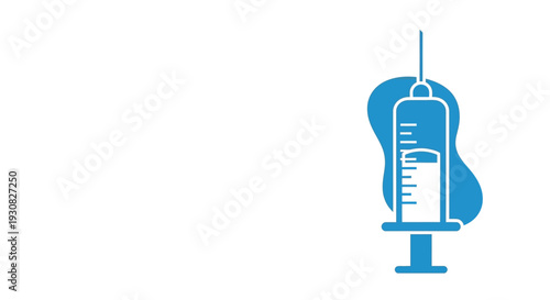 A stylized blue illustration of a medical syringe filled with liquid, against a white background.