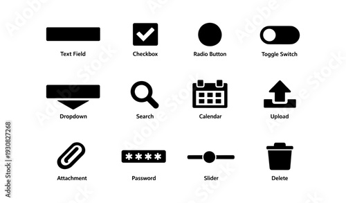 User interface elements: text field, checkbox, radio button, toggle switch, dropdown, search, calendar, upload, attachment, password, slider, delete