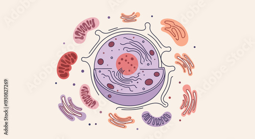 An illustration of a eukaryotic cell, showcasing its nucleus, mitochondria, and endoplasmic reticulum.