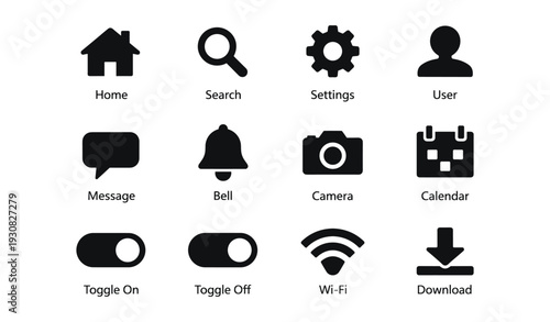 Collection of 12 black user interface icons for web and mobile apps