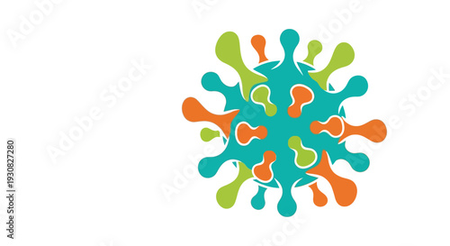 A colorful, abstract representation of a virus or bacterium with spikes, against a white background.