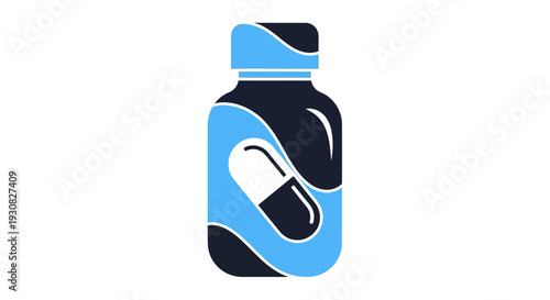 Stylized illustration of a dark blue bottle with light blue accents, featuring a white and black capsule design on its label, set against a white background.