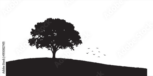 Peaceful nature landscape silhouette with large tree  and flying birds on white background