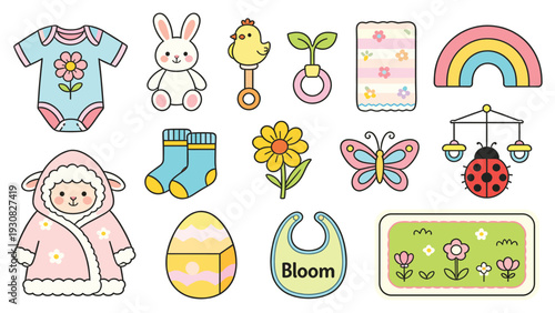 Vibrant Playful Baby Stickers with Toys and Accessories Arranged in Three Rows for Nursery and Children's Illustrations