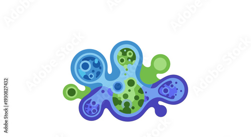 Abstract illustration of microscopic organisms with intricate internal structures and fluid-like shapes in shades of blue and green.