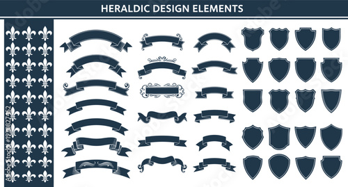 Heraldic Design Elements Collection, Vintage Shields, Ribbons, Banners and Fleur de Lis Icons Vector Set for Crest Logo and Coat of Arms