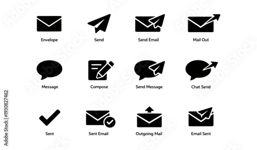 Email and messaging icons set: envelopes, arrows, chats, and checks