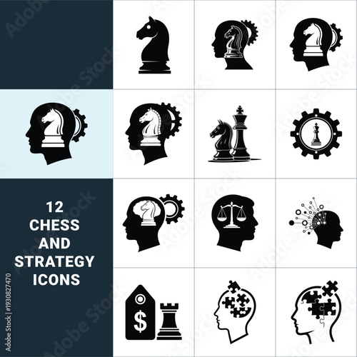 Chess Strategy Icons: Knight King Pawn Gear Brain Puzzle Scales Isolated on white background
