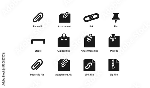 Black icon set: paperclip, link, attachment, pin, staple, clipped, zip file design elements