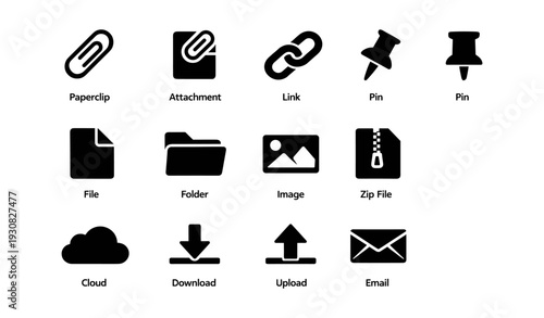 Essential icon set: paperclip, link, pin, file, folder, image, cloud, email
