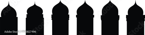 Islamic mosque dome silhouette set with traditional Arabic architecture elements, black flat vector illustration collection