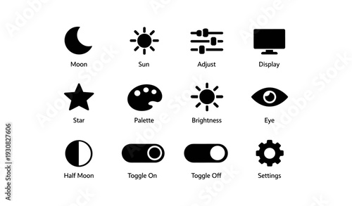 Set of black interface icons including moon, sun, toggle, and settings