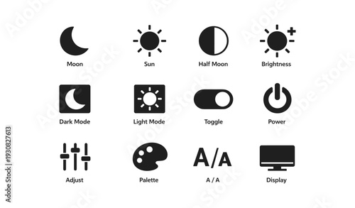 Icon set for interface design: sun, moon, brightness, modes, toggle, power, adjust, palette, display