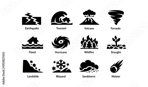 Natural disaster icons: earthquake, tsunami, volcano, tornado, flood, hurricane, wildfire, drought, landslide, blizzard, sandstorm, meteor