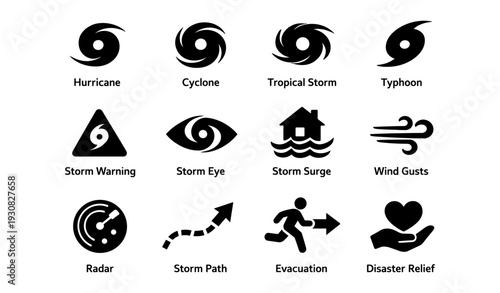Weather icons: hurricane, cyclone, storm warning, wind, evacuation symbols