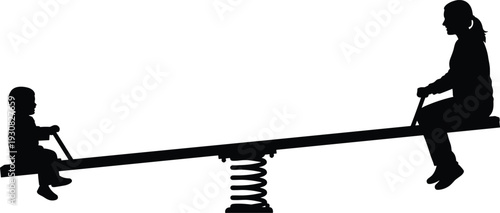 Silhouette illustration of a loving mother and her small child having fun playing together on a playground seesaw spring rider.