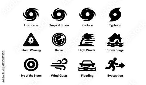 Weather icons: hurricane, cyclone, storm, warning, flooding signals