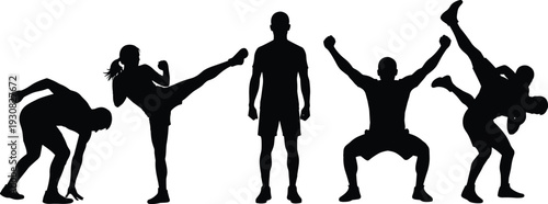 Fitness workout silhouettes, athletes exercising poses, strength and martial arts training, active lifestyle concept, black vector illustration