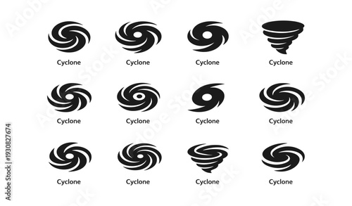 Collection of cyclone icon variations in black silhouette design
