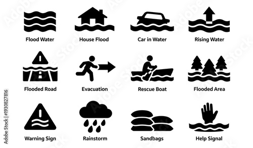 Flood safety and evacuation icons for emergency preparedness and response