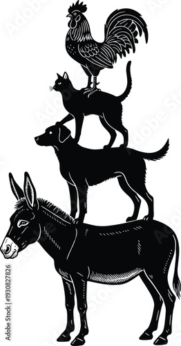 Black and white vector illustration of the Town Musicians of Bremen featuring a rooster cat and dog standing on a donkey