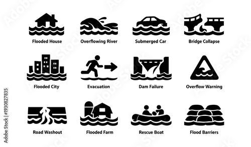 Flood icons: overflowing river, dam failure, rescue boat, evacuation, warning signs