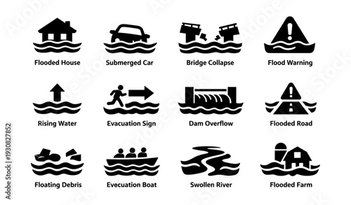 Flood emergency icons: house, car, bridge, warning, evacuation, dam overflow, debris, river, farm