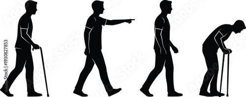 Black silhouette set of a man walking with cane pointing and hunched over representing aging process disability and physical therapy