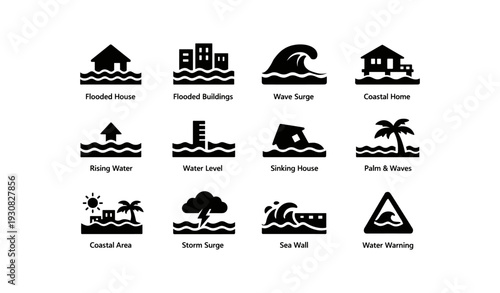 Flood icons: flooded buildings, wave surge, coastal home, rising water, storm surge, sea wall