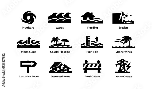 Disaster preparedness icons: hurricane, flooding, storm surge, evacuation, power outage