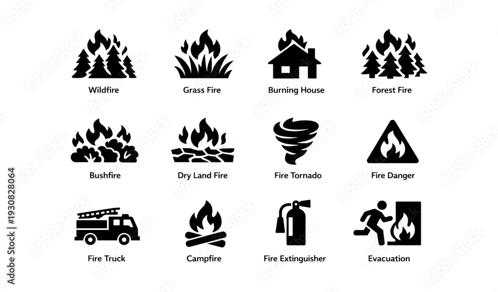 Naklejka premium Fire safety icons: wildfire, grass fire, burning house, tornado, evacuation