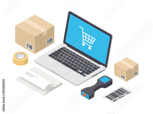 Online Shopping and Delivery Essentials with Laptop and Packages