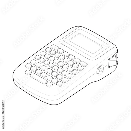 Isometric handheld label maker schematic with keypad and tape outlet