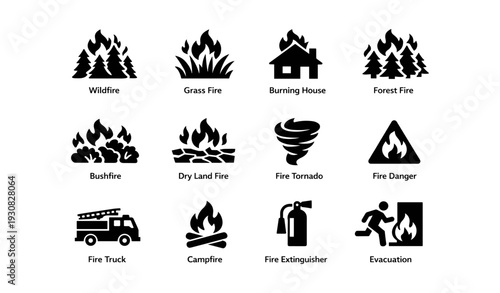 Fire safety icons: wildfire, grass fire, burning house, tornado, evacuation