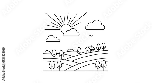 Sun shining over rolling hills farm.