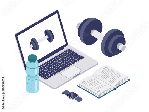 Fitness planning with laptop, dumbbells, and exercise accessories on white background