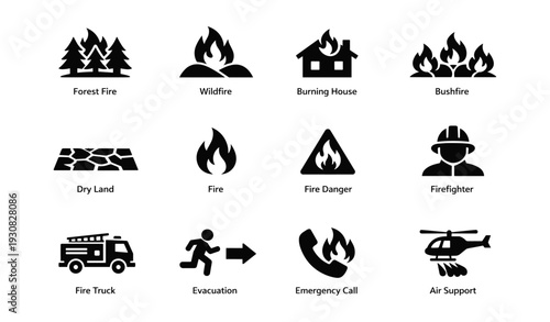 Forest fire icons: wildfire, firefighter, emergency, evacuation, air support