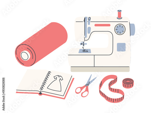 Sewing machine and fashion design tools with notebook and measuring tape on white background